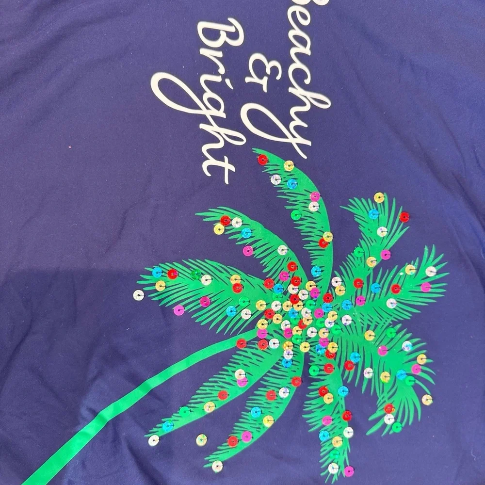 🎄Palm Tree Sequins ‘Beachy n Bright’ Swim Top Rash Guard XL Beach Land’s End